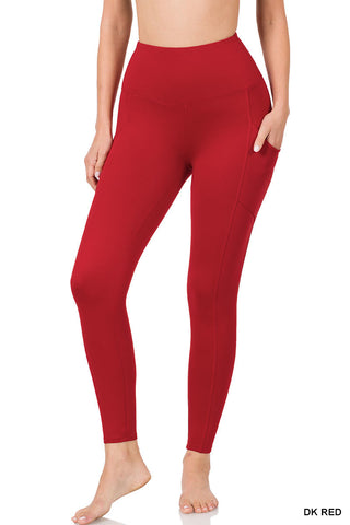 Yoga Waist Band Leggings With Pockets - Red