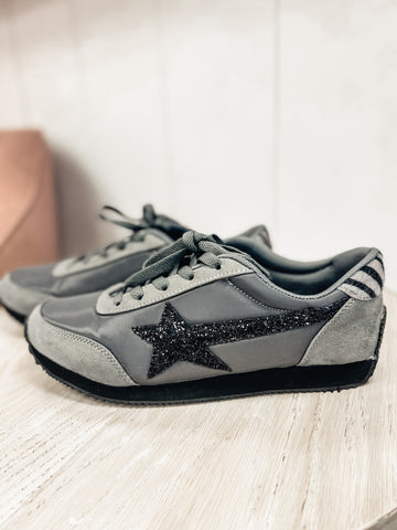 Grey Vintage Style Sneakers with Sparkled Black Star